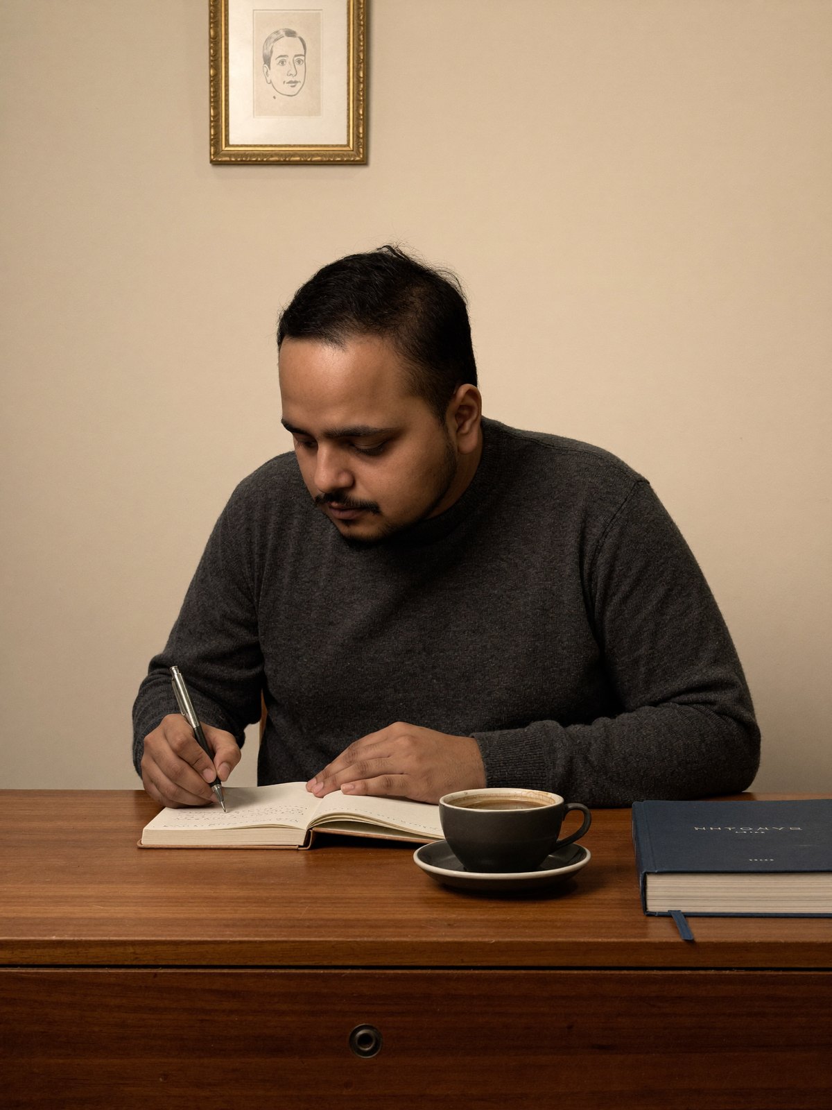 Harshh writing at his desk